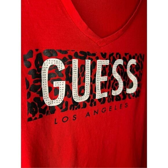 GUESS Women’s Large V-Neck T-Shirt Top Red Rhinestones Cotton Y2K - Picture 2 of 4